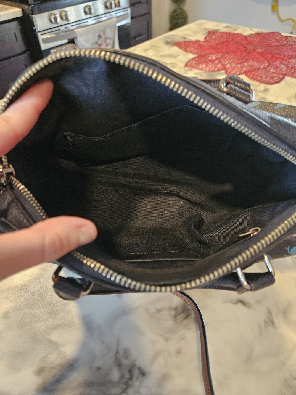 COACH Black Leather Satchel with Blue Floral Motif - Picture 5 of 5